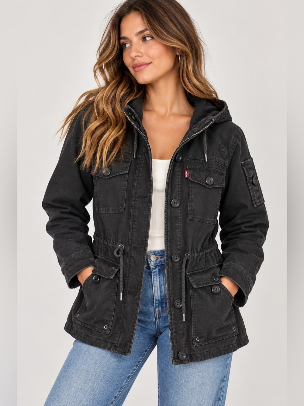 Levi’s Black Hooded Utility Field Jacket Women’s L Military Cargo